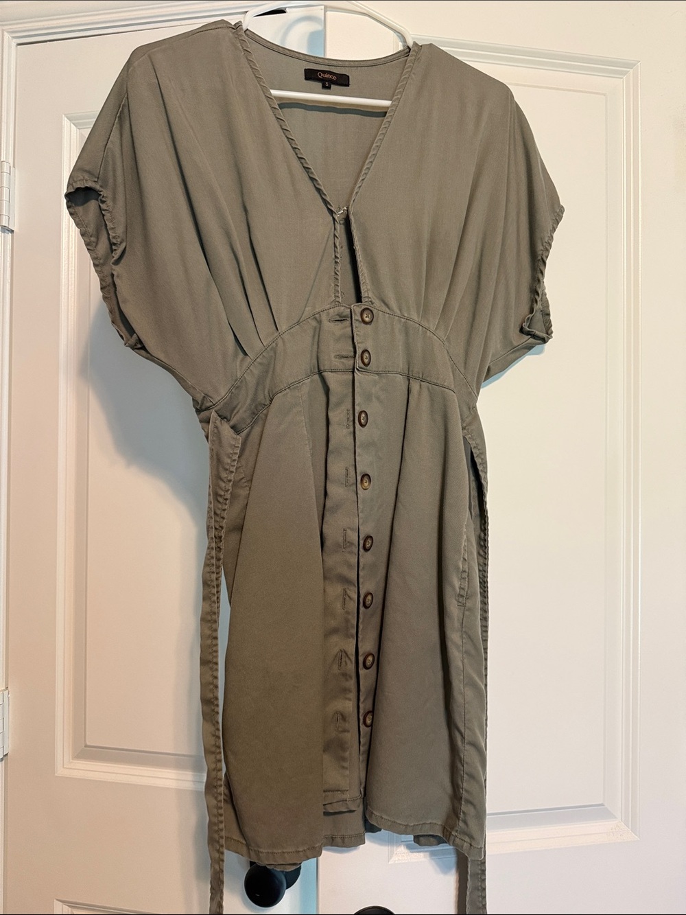 Quince Olive Short Sleeve Button-Front Mini Dress